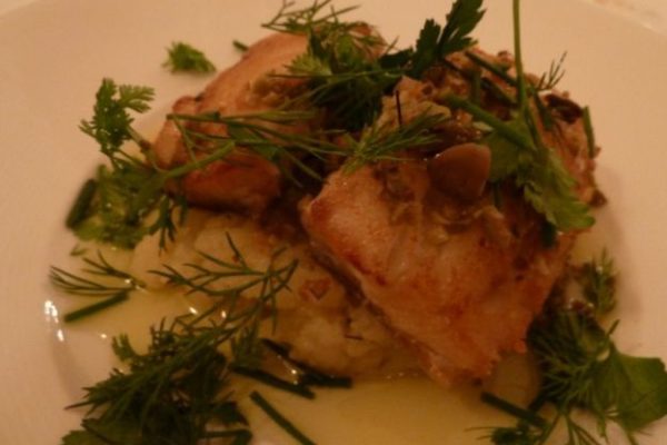 Pavé de cabillaud rôti sur un écrasé de pommes de terre au romarin, bouquet d’herbes fraiches