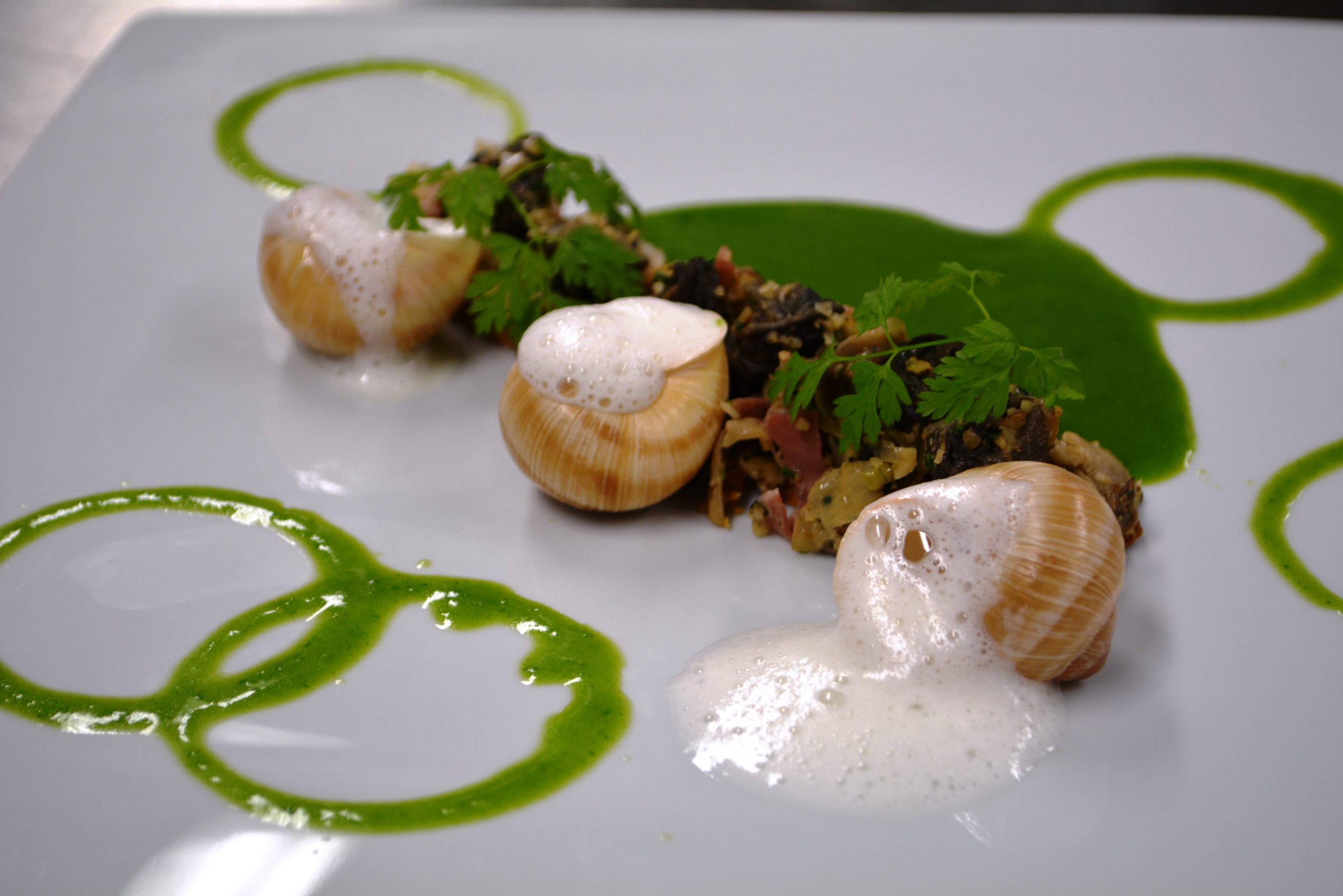 Sablé d’escargots aux champignons,crème de persil et lait d’ail