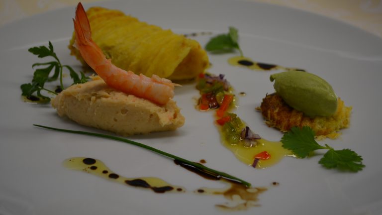 Gaufre de haddock, mousse de crevettes et sorbet aux herbes